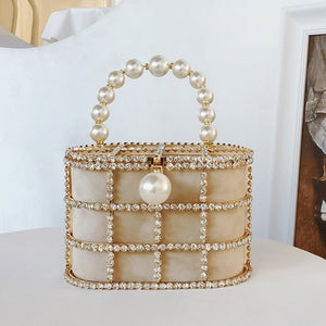 Hot High Quality Openwork Basket Design Diamonds Pearls Women's Luxury Party Handbags Evening Bag Fashion Totes Bag Pouch Bosla