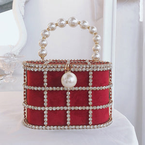 Hot High Quality Openwork Basket Design Diamonds Pearls Women's Luxury Party Handbags Evening Bag Fashion Totes Bag Pouch Bosla