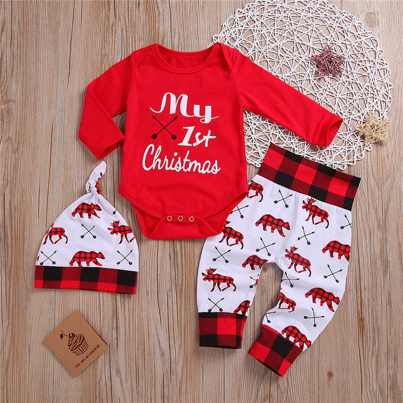 CANIS casual New Baby Boy Girl Newborn First Christmas printed Clothes Romper Trousers Hat Outfit Set