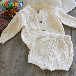 Sodawn Autumn Winter New Children Clothing Boys Girls Baby Knit Sweater Cardigan + Shorts Suit Baby Clothes Suit