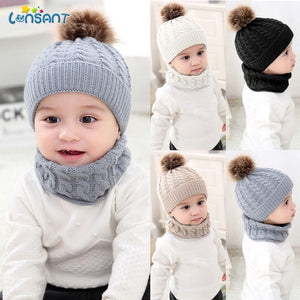 LONSANT 2Pcs Toddler Hat Baby Girls Boys Winter Warm Knitted Wool Hemming Hat Beanie Cap+Scarf Keep Warm Set 0-2 Year Kids Hat