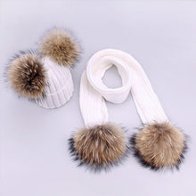 Carregar imagem no visualizador da galeria, Parent-Child Caps Cute Infant Baby Pompon Winter Hat Scarf Sets Real Natural Fur Ball Caps Mother Kids Warm Knitted Hats Beanies
