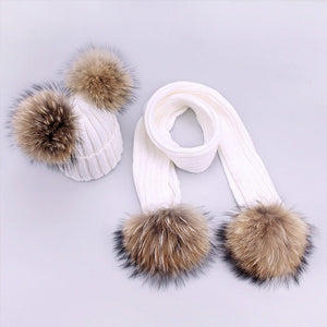 Parent-Child Caps Cute Infant Baby Pompon Winter Hat Scarf Sets Real Natural Fur Ball Caps Mother Kids Warm Knitted Hats Beanies