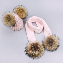 Carregar imagem no visualizador da galeria, Parent-Child Caps Cute Infant Baby Pompon Winter Hat Scarf Sets Real Natural Fur Ball Caps Mother Kids Warm Knitted Hats Beanies
