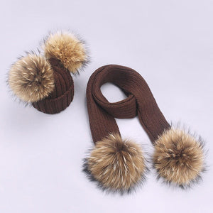 Parent-Child Caps Cute Infant Baby Pompon Winter Hat Scarf Sets Real Natural Fur Ball Caps Mother Kids Warm Knitted Hats Beanies