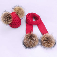 Carregar imagem no visualizador da galeria, Parent-Child Caps Cute Infant Baby Pompon Winter Hat Scarf Sets Real Natural Fur Ball Caps Mother Kids Warm Knitted Hats Beanies
