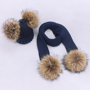 Parent-Child Caps Cute Infant Baby Pompon Winter Hat Scarf Sets Real Natural Fur Ball Caps Mother Kids Warm Knitted Hats Beanies