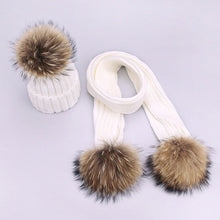 Carregar imagem no visualizador da galeria, Parent-Child Caps Cute Infant Baby Pompon Winter Hat Scarf Sets Real Natural Fur Ball Caps Mother Kids Warm Knitted Hats Beanies
