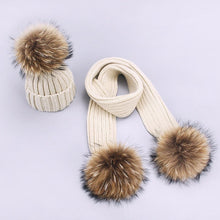 Carregar imagem no visualizador da galeria, Parent-Child Caps Cute Infant Baby Pompon Winter Hat Scarf Sets Real Natural Fur Ball Caps Mother Kids Warm Knitted Hats Beanies
