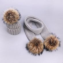 Carregar imagem no visualizador da galeria, Parent-Child Caps Cute Infant Baby Pompon Winter Hat Scarf Sets Real Natural Fur Ball Caps Mother Kids Warm Knitted Hats Beanies
