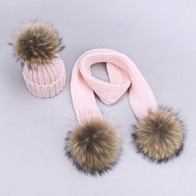 Carregar imagem no visualizador da galeria, Parent-Child Caps Cute Infant Baby Pompon Winter Hat Scarf Sets Real Natural Fur Ball Caps Mother Kids Warm Knitted Hats Beanies
