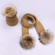 Carregar imagem no visualizador da galeria, Parent-Child Caps Cute Infant Baby Pompon Winter Hat Scarf Sets Real Natural Fur Ball Caps Mother Kids Warm Knitted Hats Beanies
