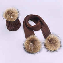 Carregar imagem no visualizador da galeria, Parent-Child Caps Cute Infant Baby Pompon Winter Hat Scarf Sets Real Natural Fur Ball Caps Mother Kids Warm Knitted Hats Beanies
