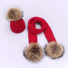 Carregar imagem no visualizador da galeria, Parent-Child Caps Cute Infant Baby Pompon Winter Hat Scarf Sets Real Natural Fur Ball Caps Mother Kids Warm Knitted Hats Beanies
