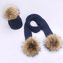 Carregar imagem no visualizador da galeria, Parent-Child Caps Cute Infant Baby Pompon Winter Hat Scarf Sets Real Natural Fur Ball Caps Mother Kids Warm Knitted Hats Beanies
