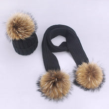 Carregar imagem no visualizador da galeria, Parent-Child Caps Cute Infant Baby Pompon Winter Hat Scarf Sets Real Natural Fur Ball Caps Mother Kids Warm Knitted Hats Beanies
