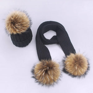 Parent-Child Caps Cute Infant Baby Pompon Winter Hat Scarf Sets Real Natural Fur Ball Caps Mother Kids Warm Knitted Hats Beanies