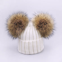 Carregar imagem no visualizador da galeria, Parent-Child Caps Cute Infant Baby Pompon Winter Hat Scarf Sets Real Natural Fur Ball Caps Mother Kids Warm Knitted Hats Beanies
