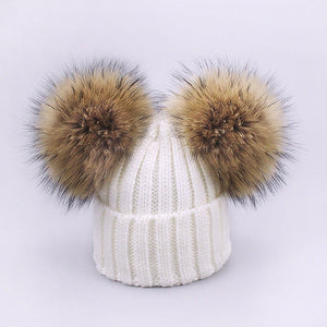 Parent-Child Caps Cute Infant Baby Pompon Winter Hat Scarf Sets Real Natural Fur Ball Caps Mother Kids Warm Knitted Hats Beanies