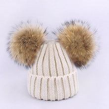 Carregar imagem no visualizador da galeria, Parent-Child Caps Cute Infant Baby Pompon Winter Hat Scarf Sets Real Natural Fur Ball Caps Mother Kids Warm Knitted Hats Beanies
