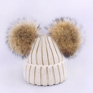 Parent-Child Caps Cute Infant Baby Pompon Winter Hat Scarf Sets Real Natural Fur Ball Caps Mother Kids Warm Knitted Hats Beanies