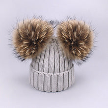 Carregar imagem no visualizador da galeria, Parent-Child Caps Cute Infant Baby Pompon Winter Hat Scarf Sets Real Natural Fur Ball Caps Mother Kids Warm Knitted Hats Beanies
