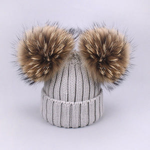 Parent-Child Caps Cute Infant Baby Pompon Winter Hat Scarf Sets Real Natural Fur Ball Caps Mother Kids Warm Knitted Hats Beanies