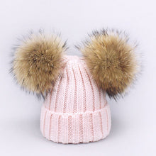 Carregar imagem no visualizador da galeria, Parent-Child Caps Cute Infant Baby Pompon Winter Hat Scarf Sets Real Natural Fur Ball Caps Mother Kids Warm Knitted Hats Beanies
