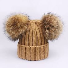 Carregar imagem no visualizador da galeria, Parent-Child Caps Cute Infant Baby Pompon Winter Hat Scarf Sets Real Natural Fur Ball Caps Mother Kids Warm Knitted Hats Beanies
