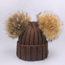 Carregar imagem no visualizador da galeria, Parent-Child Caps Cute Infant Baby Pompon Winter Hat Scarf Sets Real Natural Fur Ball Caps Mother Kids Warm Knitted Hats Beanies
