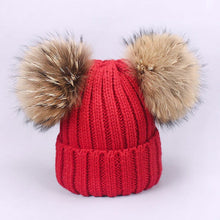 Carregar imagem no visualizador da galeria, Parent-Child Caps Cute Infant Baby Pompon Winter Hat Scarf Sets Real Natural Fur Ball Caps Mother Kids Warm Knitted Hats Beanies
