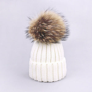 Parent-Child Caps Cute Infant Baby Pompon Winter Hat Scarf Sets Real Natural Fur Ball Caps Mother Kids Warm Knitted Hats Beanies