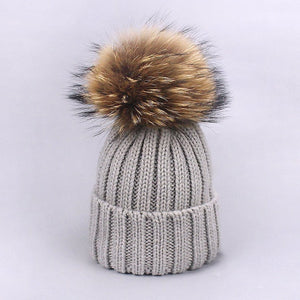 Parent-Child Caps Cute Infant Baby Pompon Winter Hat Scarf Sets Real Natural Fur Ball Caps Mother Kids Warm Knitted Hats Beanies