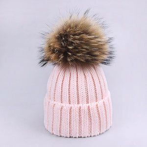 Parent-Child Caps Cute Infant Baby Pompon Winter Hat Scarf Sets Real Natural Fur Ball Caps Mother Kids Warm Knitted Hats Beanies