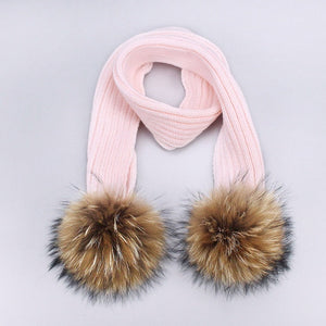 Parent-Child Caps Cute Infant Baby Pompon Winter Hat Scarf Sets Real Natural Fur Ball Caps Mother Kids Warm Knitted Hats Beanies