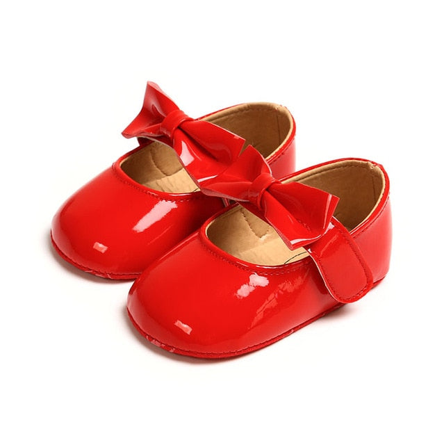 Newborn Baby Girls Shoes PU leather Buckle First Walkers With Bow Red Black Pink White Soft Soled Non-slip Crib Shoes