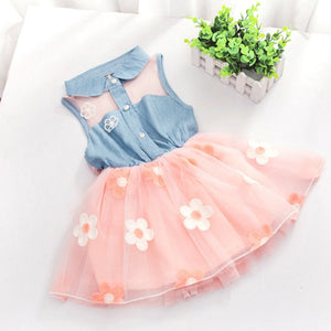 2018 New Summer Dress Children's Clothing Girls Denim Stitching Baby Girl Dresses Party Wedding Children's Mesh Princess Dress