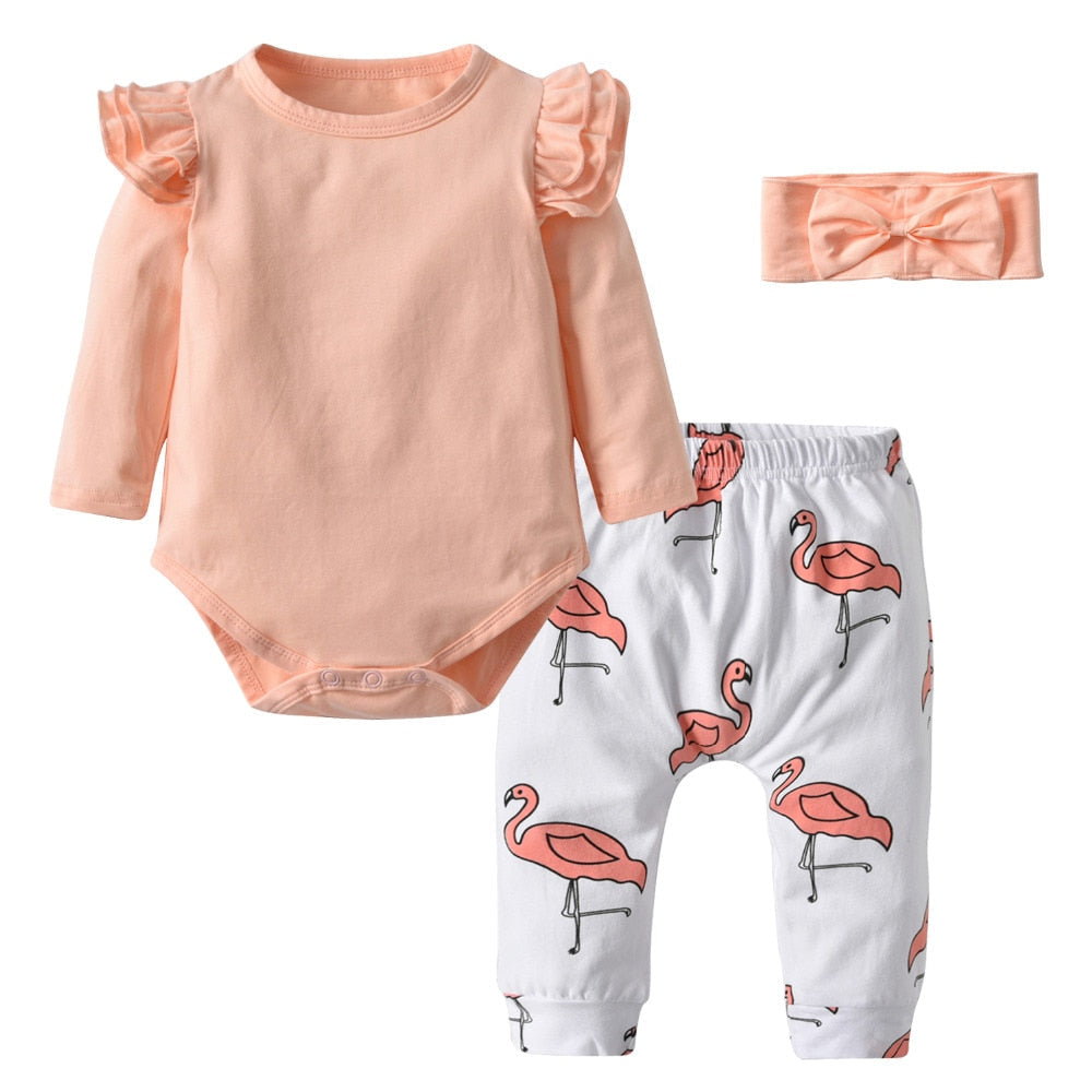 Newborn Autumn Baby Girls Clothing 3Pcs Set Cute Pink Ruffle Long Sleeve Tops+Flamingo Print Pants+Headband Toddler Clothes