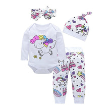 Cargar imagen en el visor de la galería, Newborn Infant Toddler Baby Girl Clothes Sets Infant Unicorn Pegasus Star Castle Tops+Pants+Hat+Headband 4PCS Baby Girl Clothing
