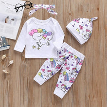 Cargar imagen en el visor de la galería, Newborn Infant Toddler Baby Girl Clothes Sets Infant Unicorn Pegasus Star Castle Tops+Pants+Hat+Headband 4PCS Baby Girl Clothing
