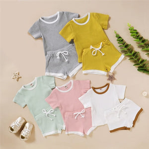 2020 Toddler Baby Boys Girls Summer Clothing Newborn Kids Baby Girls Ribbed Knitted Short Sleeve T-shirts+Shorts Tracksuits Sets