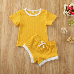 2020 Toddler Baby Boys Girls Summer Clothing Newborn Kids Baby Girls Ribbed Knitted Short Sleeve T-shirts+Shorts Tracksuits Sets