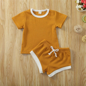 2020 Toddler Baby Boys Girls Summer Clothing Newborn Kids Baby Girls Ribbed Knitted Short Sleeve T-shirts+Shorts Tracksuits Sets