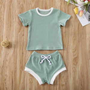 2020 Toddler Baby Boys Girls Summer Clothing Newborn Kids Baby Girls Ribbed Knitted Short Sleeve T-shirts+Shorts Tracksuits Sets