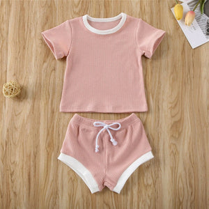 2020 Toddler Baby Boys Girls Summer Clothing Newborn Kids Baby Girls Ribbed Knitted Short Sleeve T-shirts+Shorts Tracksuits Sets