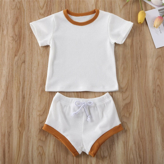 2020 Toddler Baby Boys Girls Summer Clothing Newborn Kids Baby Girls Ribbed Knitted Short Sleeve T-shirts+Shorts Tracksuits Sets