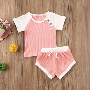 2020 Toddler Baby Boys Girls Summer Clothing Newborn Kids Baby Girls Ribbed Knitted Short Sleeve T-shirts+Shorts Tracksuits Sets