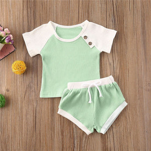 2020 Toddler Baby Boys Girls Summer Clothing Newborn Kids Baby Girls Ribbed Knitted Short Sleeve T-shirts+Shorts Tracksuits Sets