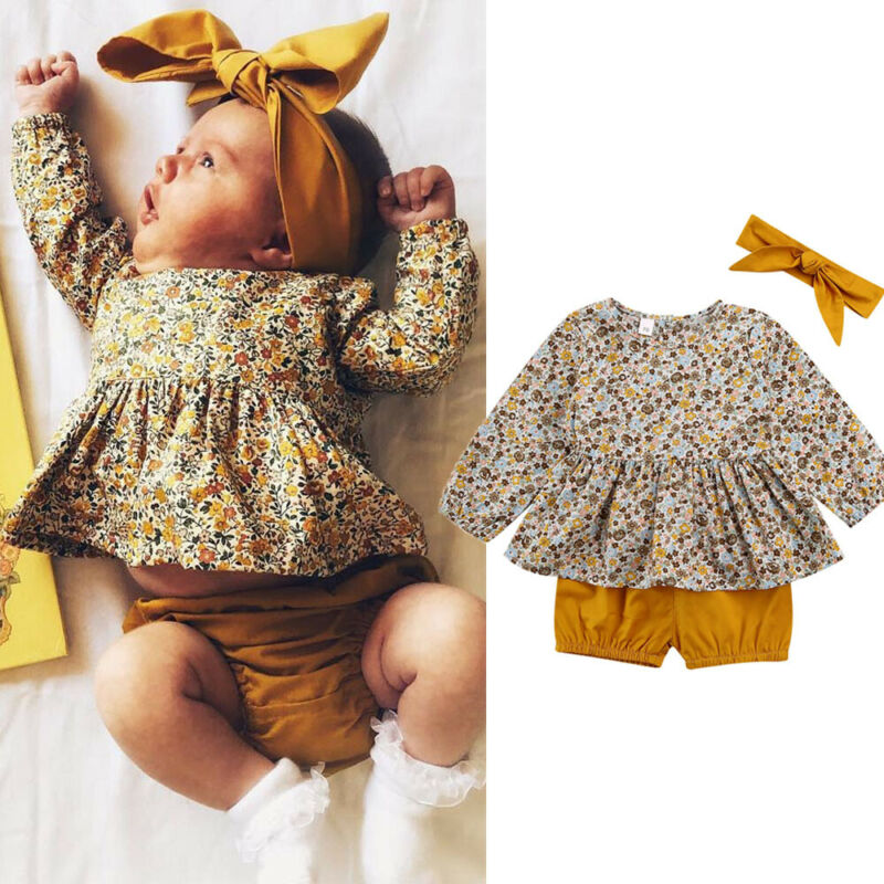 0-18 Months Newborn Infant Clothes Set Toddler Baby Girls Floral Tops Brown Short Pants Baby Girls Outfits Newborn Clothing