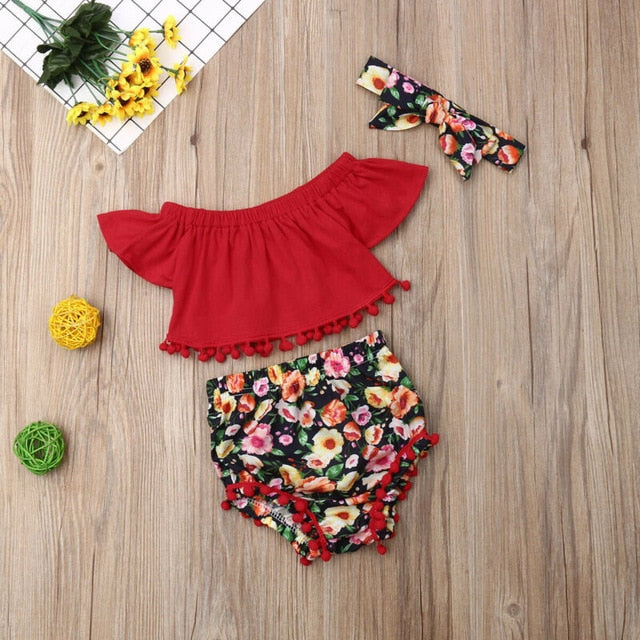 2019 Fashion Sweet Infant Kid Baby Girl Flower Fly-Sleeve Tops Pants Shorts 3pcs Summer Clothes 0-24M Dropshipping